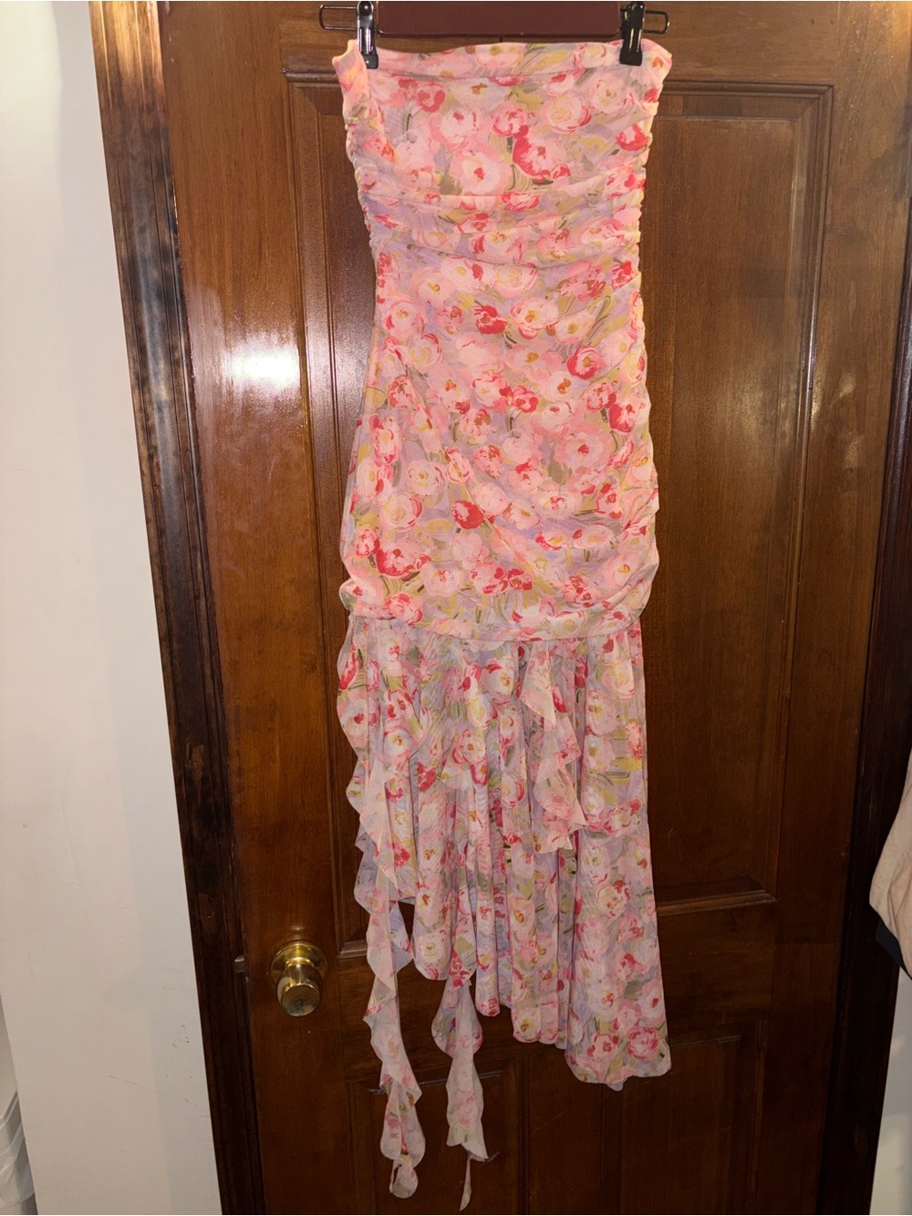 Zara Strapless Floral Pink Ruffle High-Low Dress